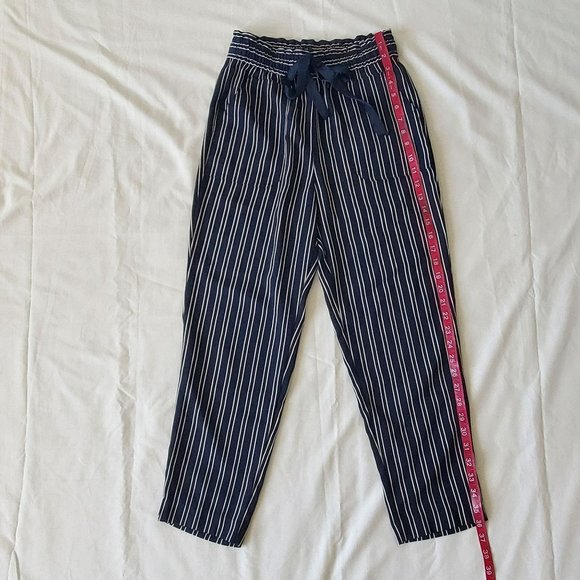 ZARA Women's Navy Blue/White Striped Drawstring Paperbag Pants Size XS - Picture 13 of 16